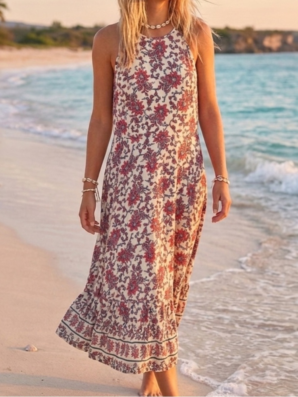 Chaps Bohemian Cotton Knit Ivory Floral Sleeveless Halter Midi Dress L